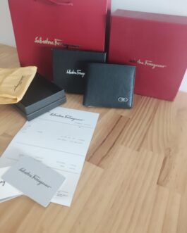 Оryginalny czarny PORTFEL MĘSKI Salvatore Ferragamo, skóra, Włochy